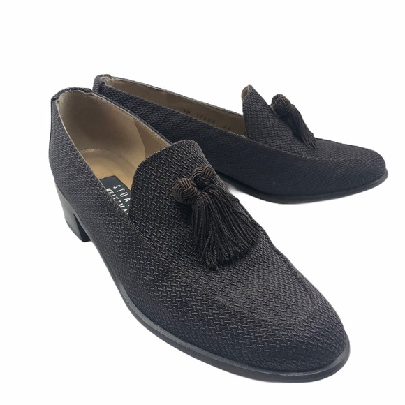 Stuart Weitzman Crosshatch Brown Loafers Textile Tassel Block Heel Sz 8AA Narrow - Picture 1 of 11